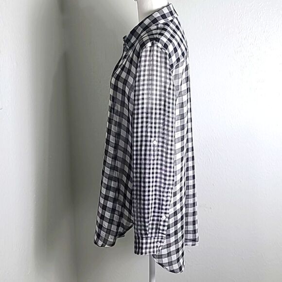 Calvin Klein High-Low Sheer Buttondown Blouse, Black & White Check, Size Medium - Picture 6 of 9